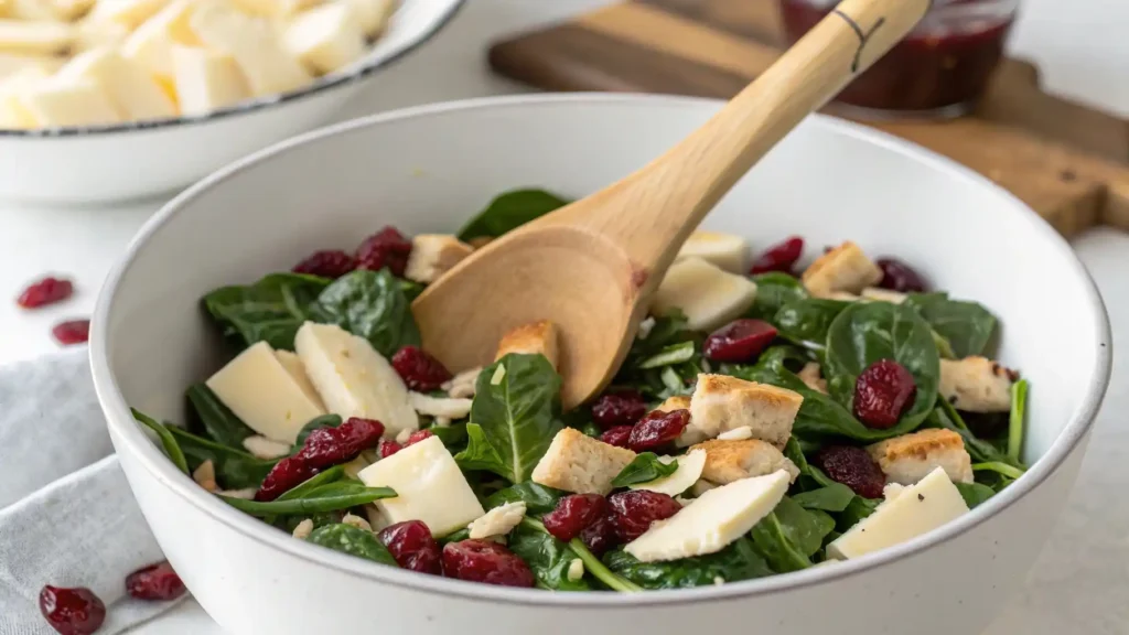 Preparing cranberry, spinach, and Brie filling for chicken