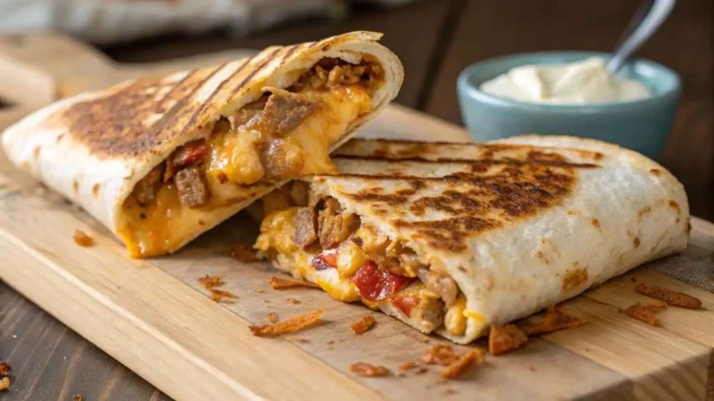 Toasted chicken avocado ranch burrito halves