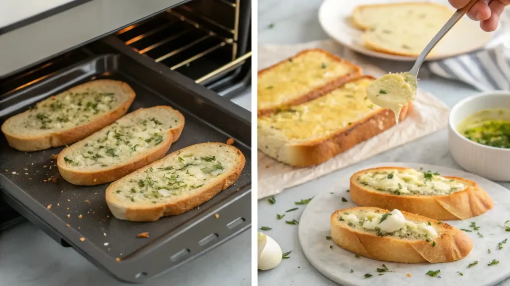 Steps for making garlic toast pizzas from start to finish