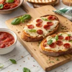 Garlic toast pizzas on a wooden board with cheese and pepperoni
