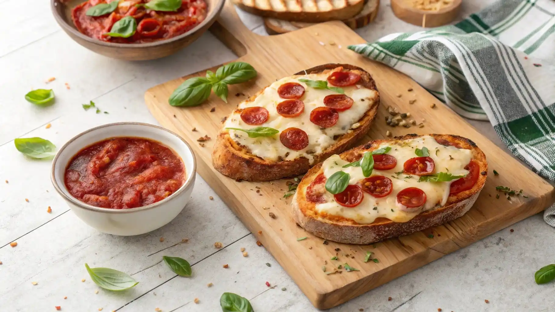 Garlic toast pizzas on a wooden board with cheese and pepperoni