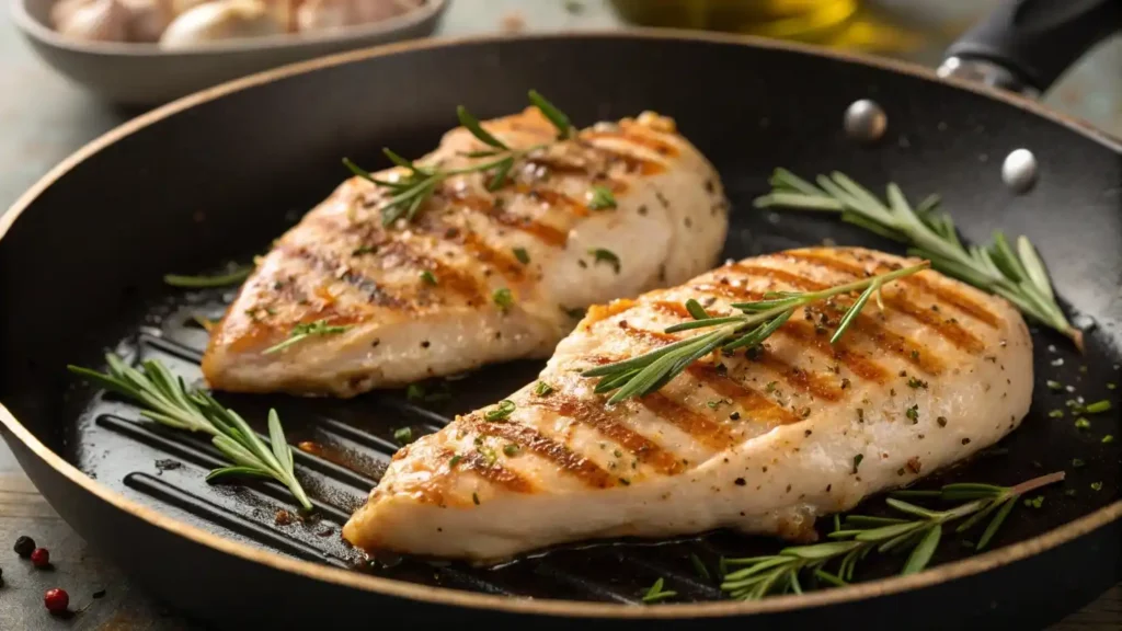 Seasoned chicken breasts grilling in pan