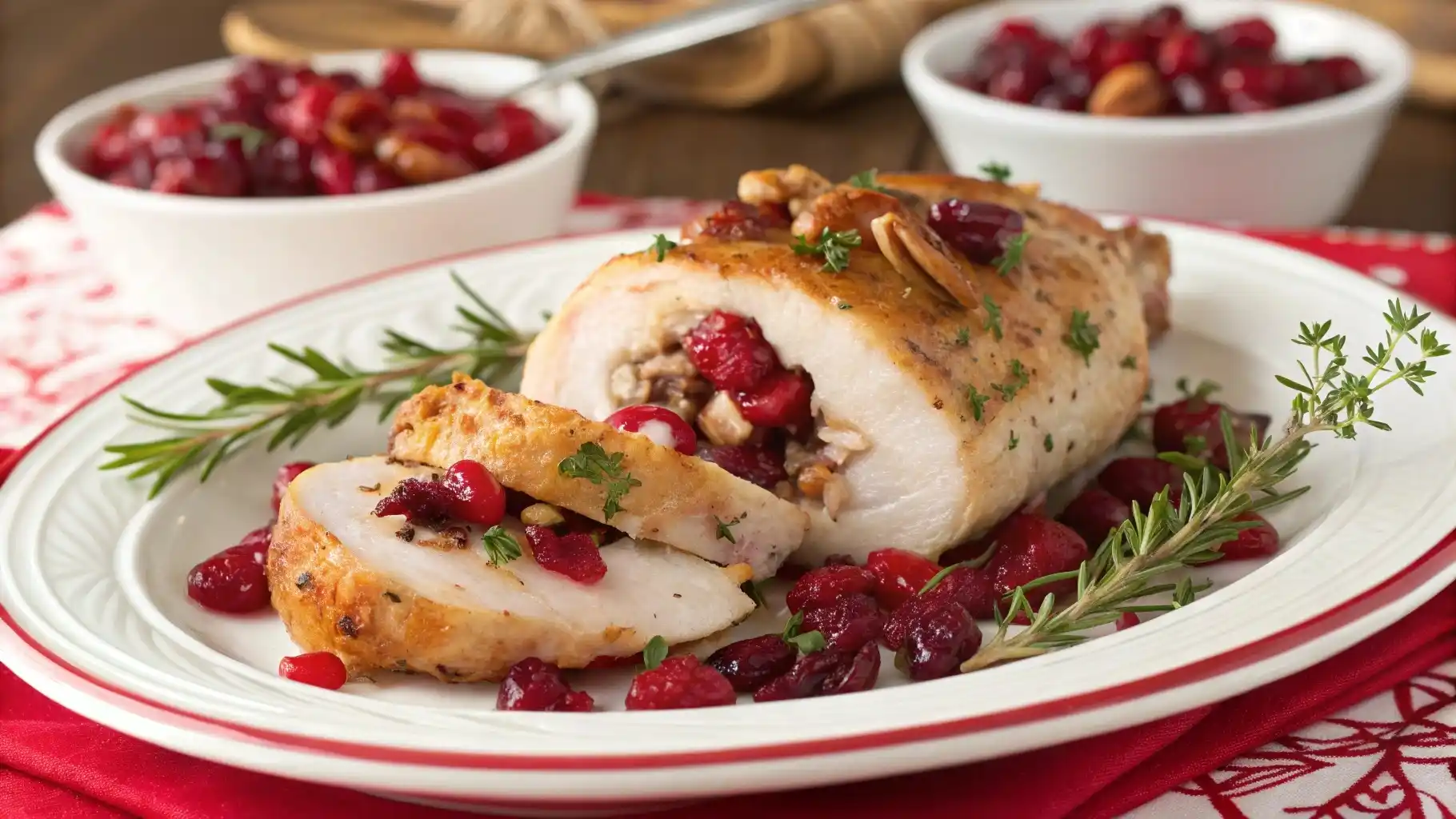 Holiday version of Brie-stuffed chicken with cranberries and pecans