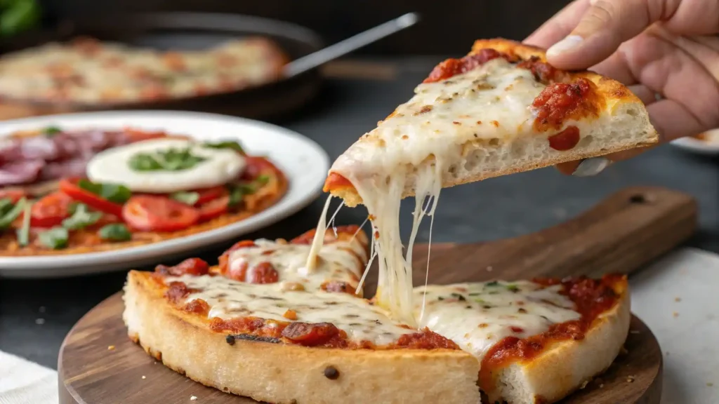 Hand pulling cheesy garlic toast pizza with toppings
