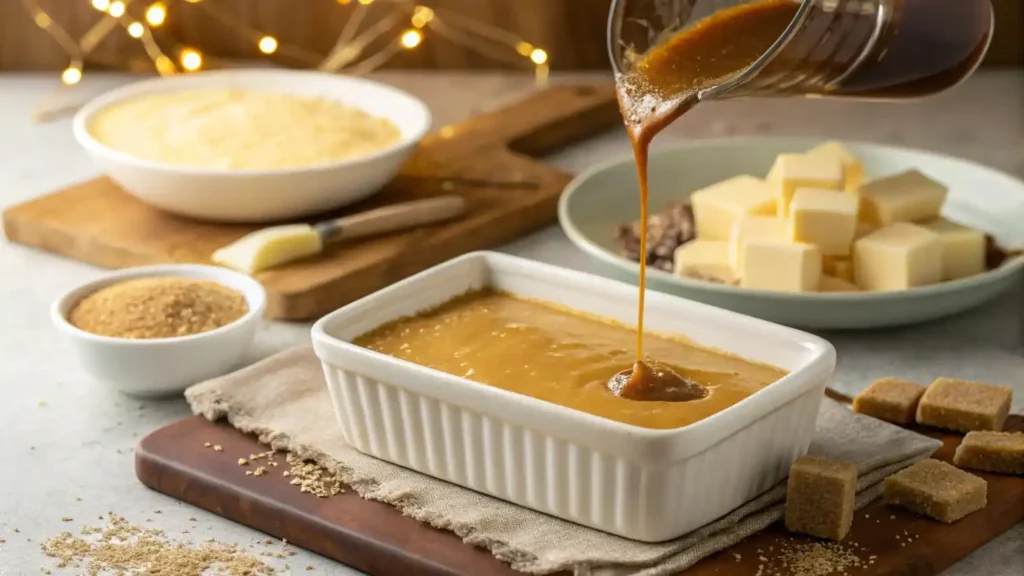 Pouring Caramel for Crème Brûlée French Toast