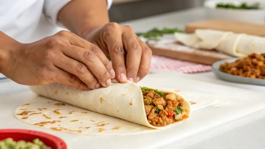 Rolling a chicken avocado burrito