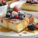 Baked Overnight Crème Brûlée French Toast in a dish with berries and powdered sugar