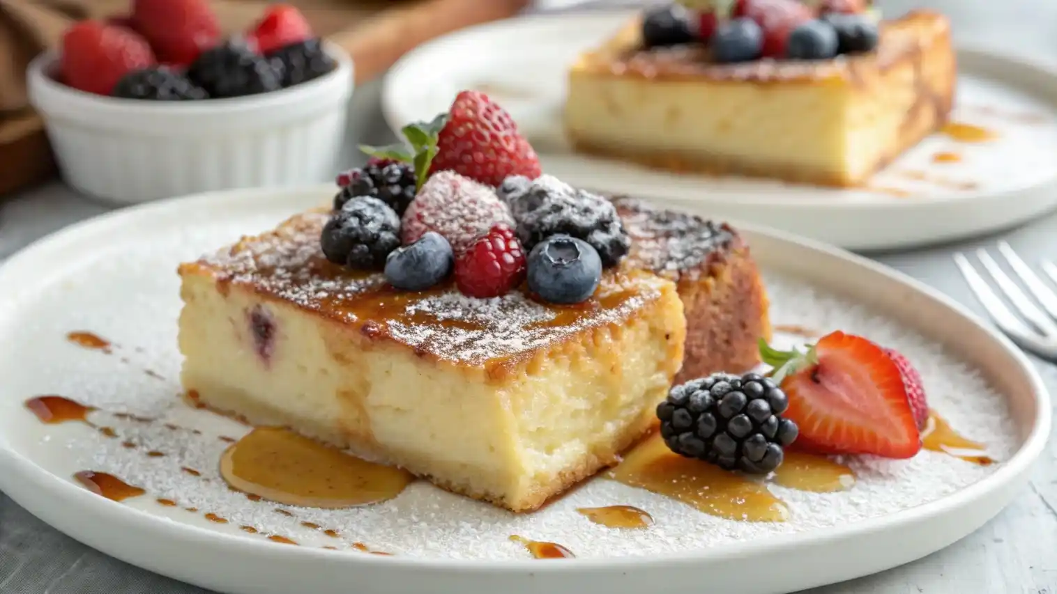 Baked Overnight Crème Brûlée French Toast in a dish with berries and powdered sugar