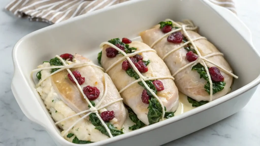 Unbaked stuffed chicken breasts with cranberry and spinach