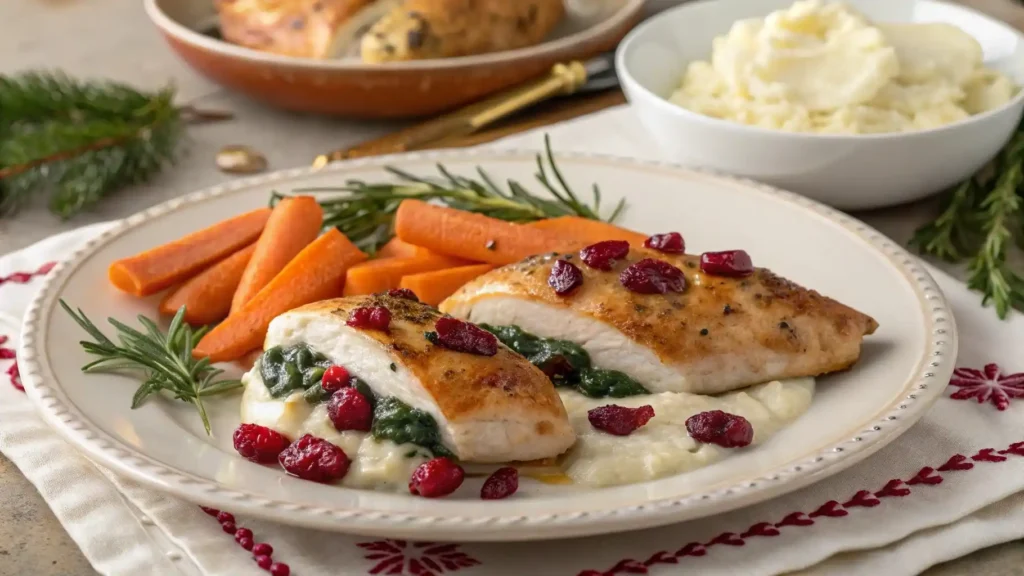 Plated stuffed chicken with mashed potatoes and roasted carrots