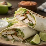 Chicken avocado ranch burrito sliced open on plate