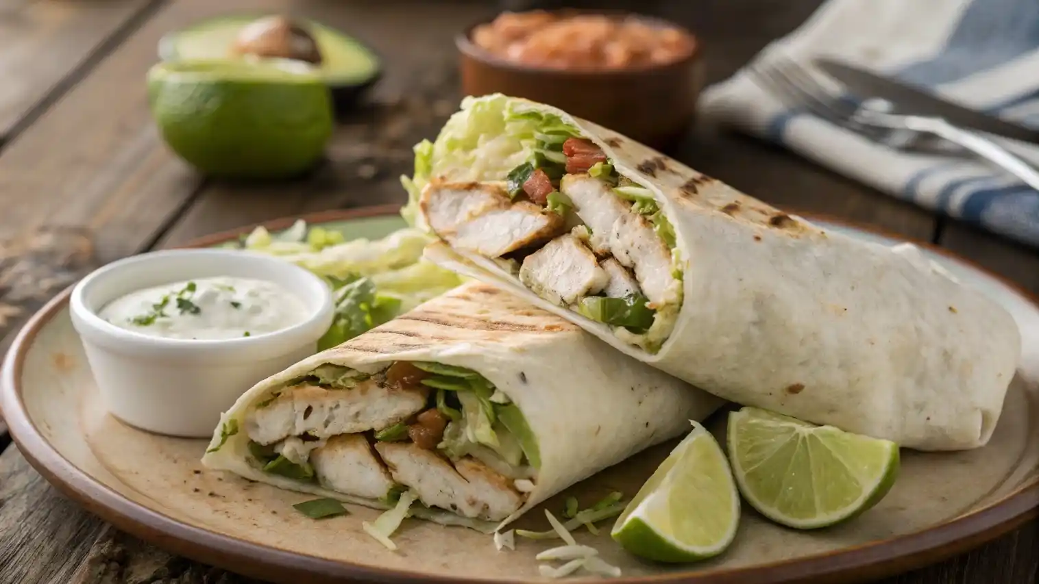 Chicken avocado ranch burrito sliced open on plate