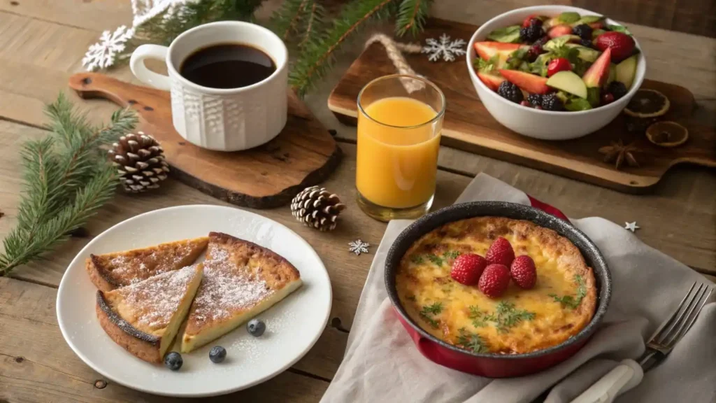 Winter brunch spread with Overnight Crème Brûlée French Toast and fruit salad