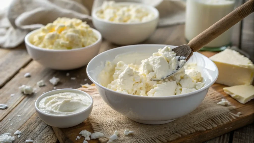 Cream cheese, sour cream, and cottage cheese being mixed